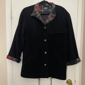 Vintage‎ Large Wool Coat Black Plaid Contrast USA Chore Barn Heritage Preppy